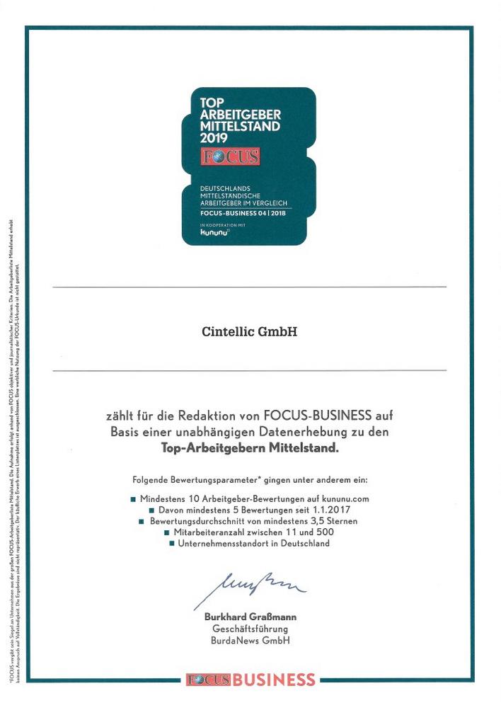 CINTELLIC Consulting Group: Platz 19 bei den Focus TOP-Arbeitgebern 2019