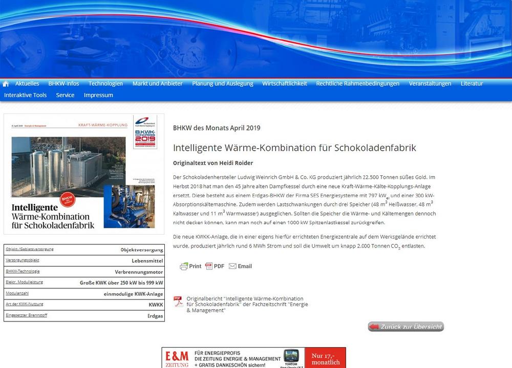 KWKK-Anlage bei einem Schokoladen-Hersteller wird zum BHKW des Monats