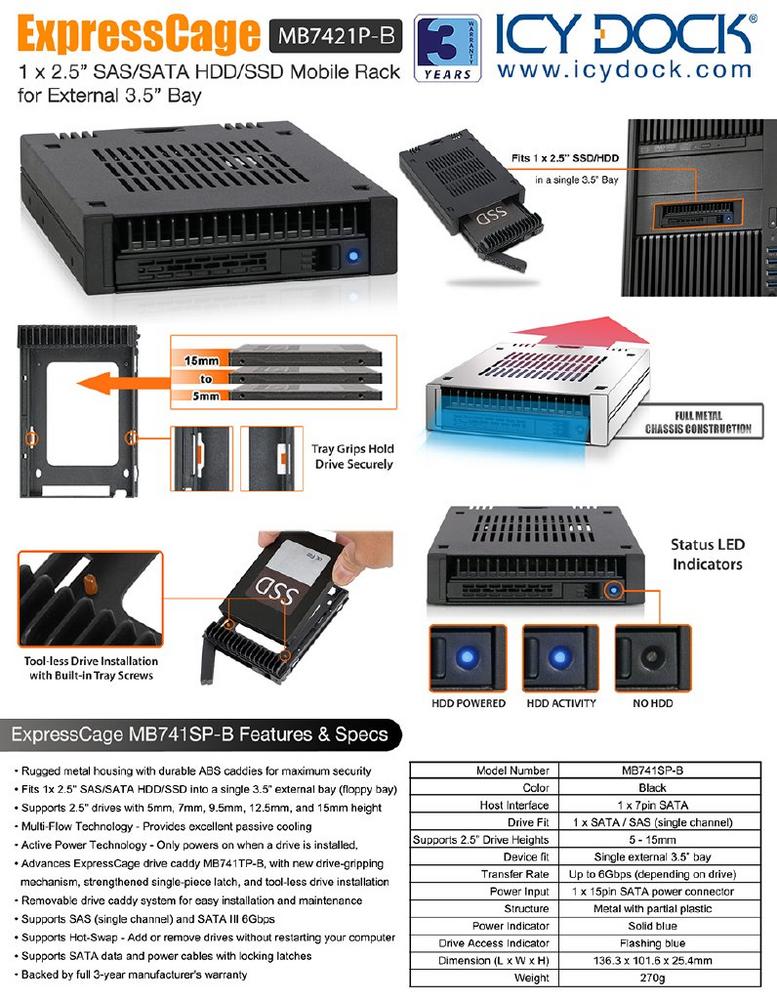 ICY DOCK ExpressCage MB741SP-B 1 x 2,5″ SAS/SATA HDD/SSD Wechselrahmen
