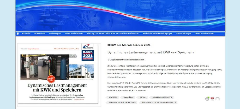 Dynamisches Lastmanagement mit KWK und Speichern wird zum BHKW des Monats gekürt