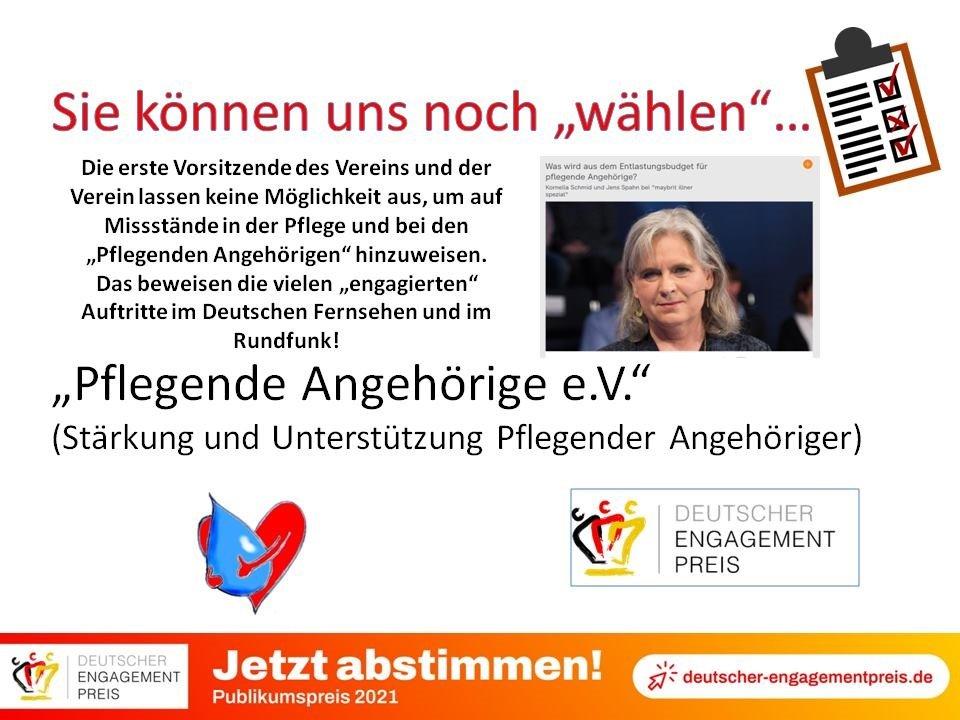 Chance auf Deutschen Engagementpreis: Noch bis 20.10.2021 für Pflegende Angehörige e.V. (Stärkung und Unterstützung Pflegender Angehöriger) abstimmen!