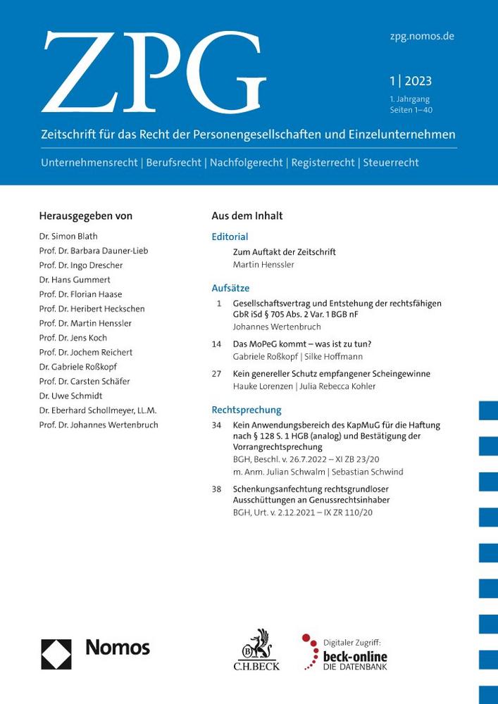 Nomos gründet „ZPG – Zeitschrift für das Recht der Personengesellschaften und Einzelunternehmen“