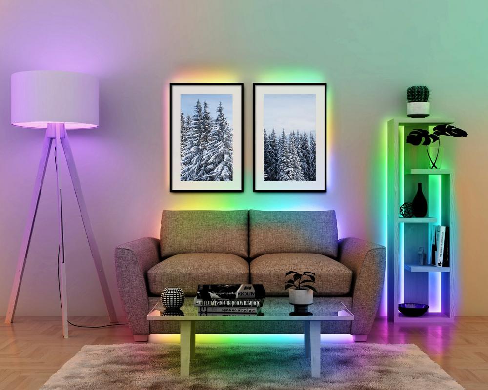 Luminea Home Control WLAN-RGBIC-LED-Lichtstreifen, Soundsteuerung, App, Sprachsteuerung, 5m