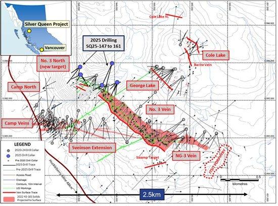 Equity Metals gibt erste Analyseergebnisse aus Erweiterungsbohrungen 2025 im Zielgebiet No. 3 North bekannt, darunter 540 g/t AgÄq über 3,5 m, Konzessionsgebiet Silver Queen, BC