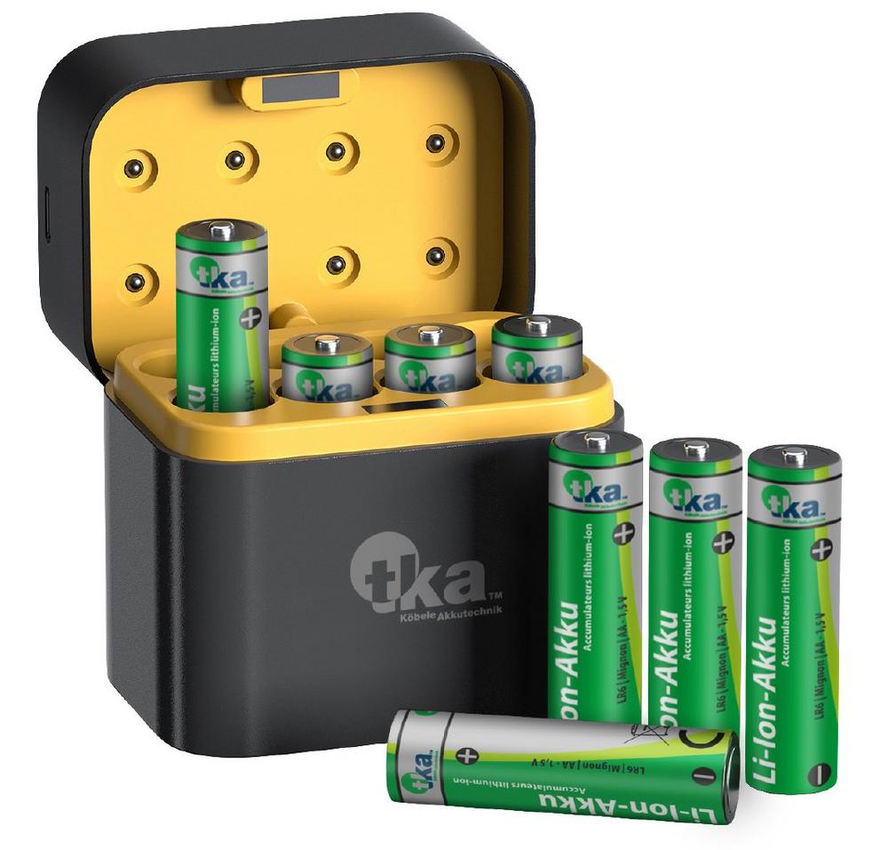 tka Köbele Akkutechnik 8er-Set Li-Ion-Akkus Typ AA, mit USB-C-Ladebox, 3.000 mWh, Ladeanzeige