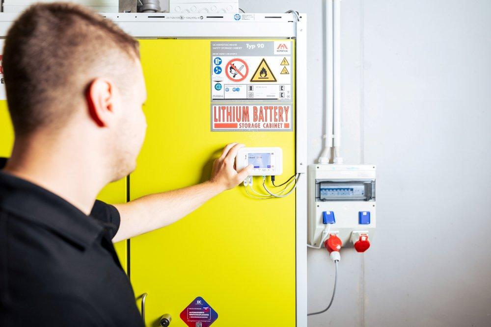 Safe charging and storage of lithium-ion batteries, including monitoring