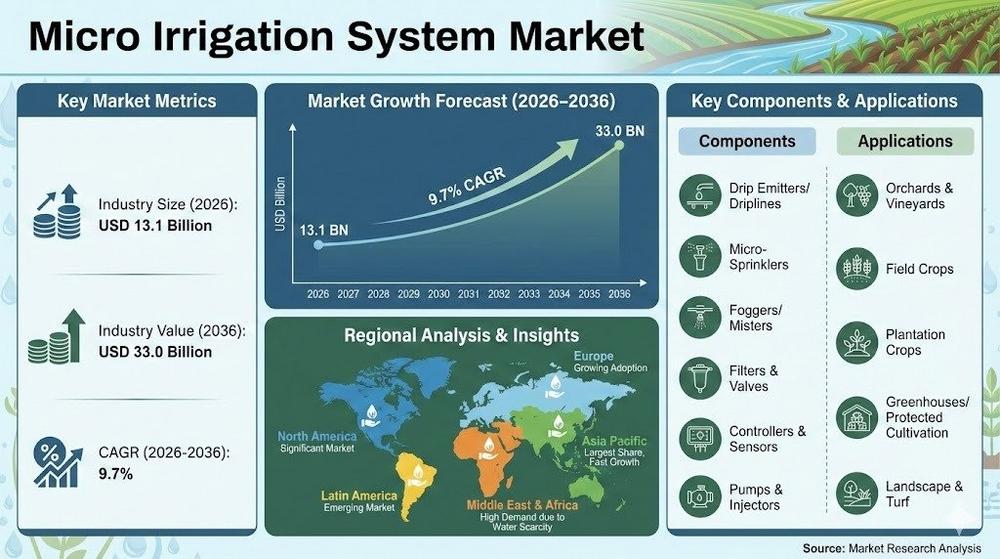 Global Micro Irrigation System Market Outlook 2026–2036: Automation & Precision Drive USD 33 Billion Growth