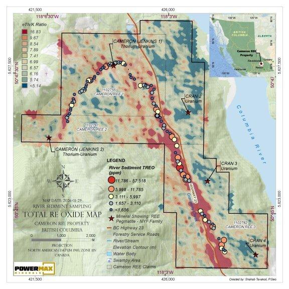 Powermax Minerals berichtet über Analyseergebnisse von Flusssedimentproben aus dem Phase-2-Programm im Seltenerdmetallprojekt Cameron in British Columbia