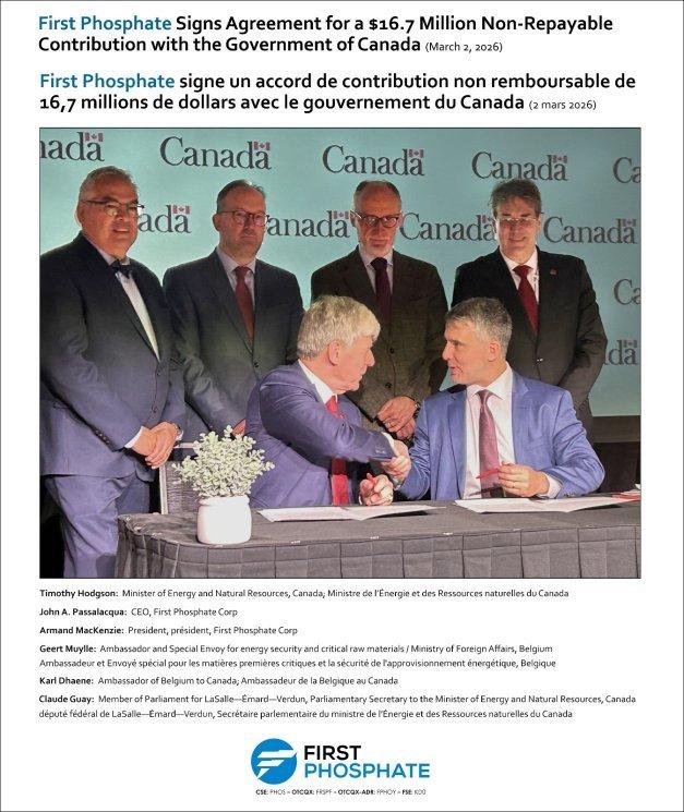 First Phosphate unterzeichnet Vereinbarung mit der kanadischen Regierung über eine nicht rückzahlbare Zuwendung in Höhe von 16,7 Mio. $
