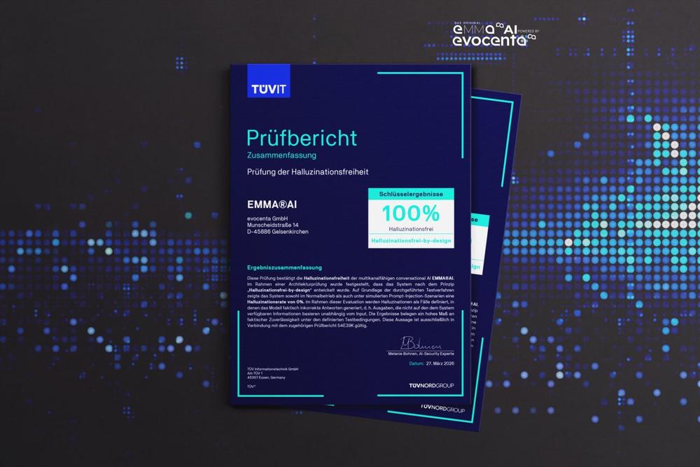TÜVIT prüft erste KI-Lösung als 100 % halluzinationsfrei – EMMA®AI Vorreiter bei vertrauenswürdiger KI