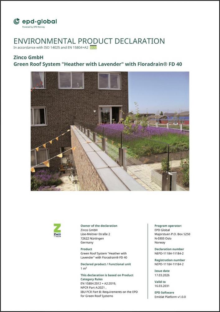 Zinco international einziger Hersteller mit über 20 Umwelt-Produktdeklarationen (EPD) für Dachbegrünungssysteme