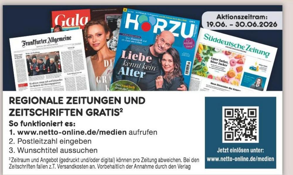 Netto-Aktion: kostenlose Leseproben von Zeitungen und Zeitschriften