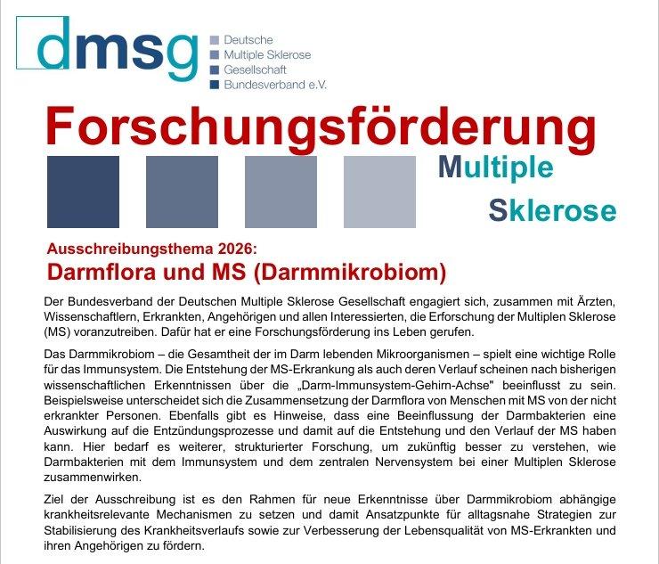 DMSG schreibt Forschungsförderung 2026 zum Thema Darmmikrobiom und Multiple Sklerose aus