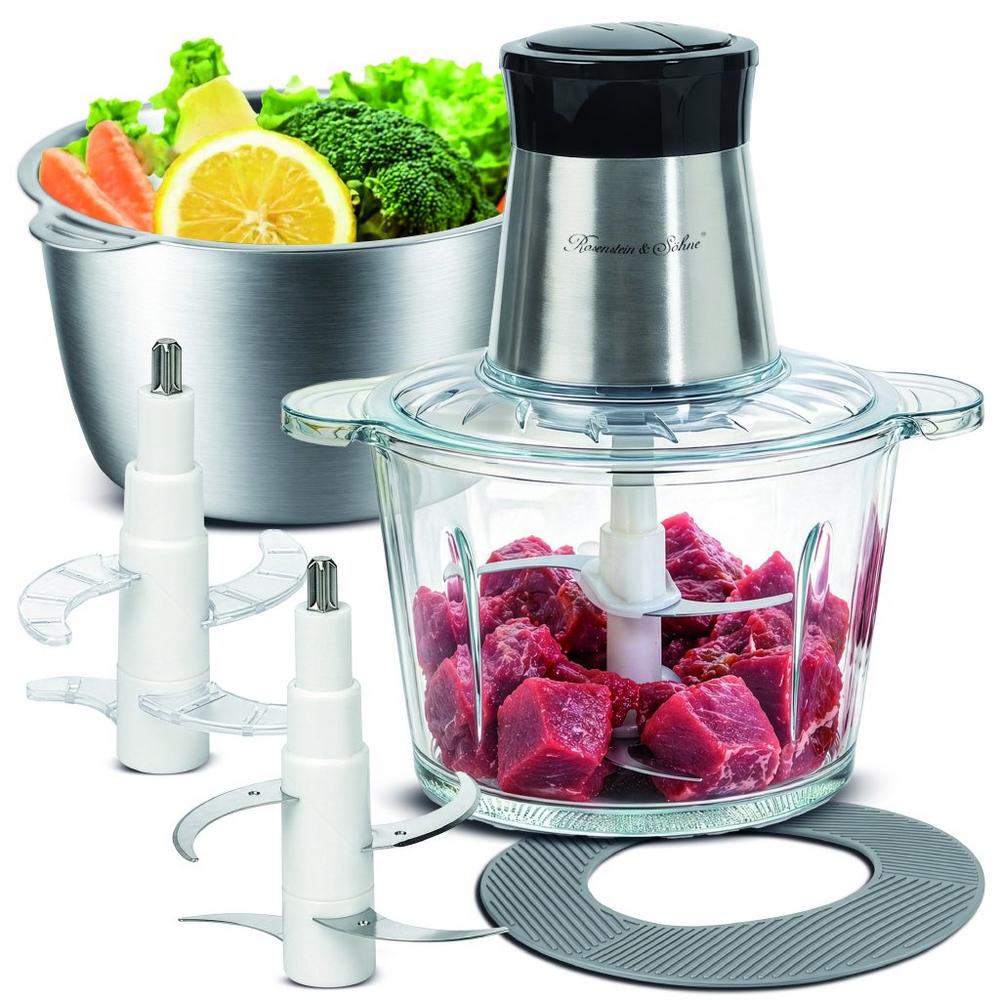 Rosenstein & Söhne Multi-Zerkleinerer & Fleischwolf, 400 Watt, 2 Stufen, 2 Schüsseln, je 2 Liter