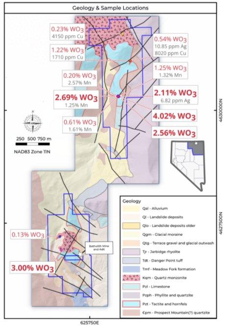 Hochgradige Wolframergebnisse im Wolfram-Portfolio in Nevada: Gesteinssplitterproben mit bis zu 4,02 % WO3 im Konzessionsgebiet Rowland und 3,00 % WO3 auf dem Projekt White Star
