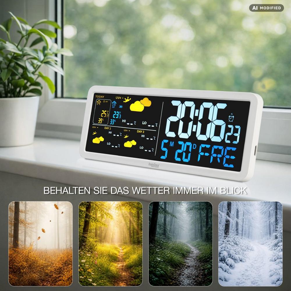 Luminea Home Control WLAN-Wetterstation FWS-1205 mit Außensensor, Wettertrend, UV-Index, Uhr, App