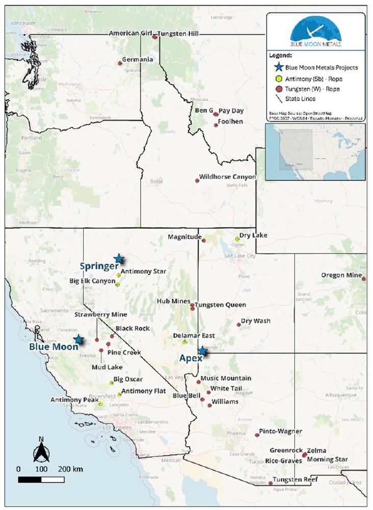 Blue Moon Metals erwirbt 33 Wolfram- und Antimon-Projekte im Westen der Vereinigten Staaten und wird damit zu einem bedeutenden Eigentümer von Wolfram-, Germanium-, Gallium- und Antimon-Vorkommen in den USA