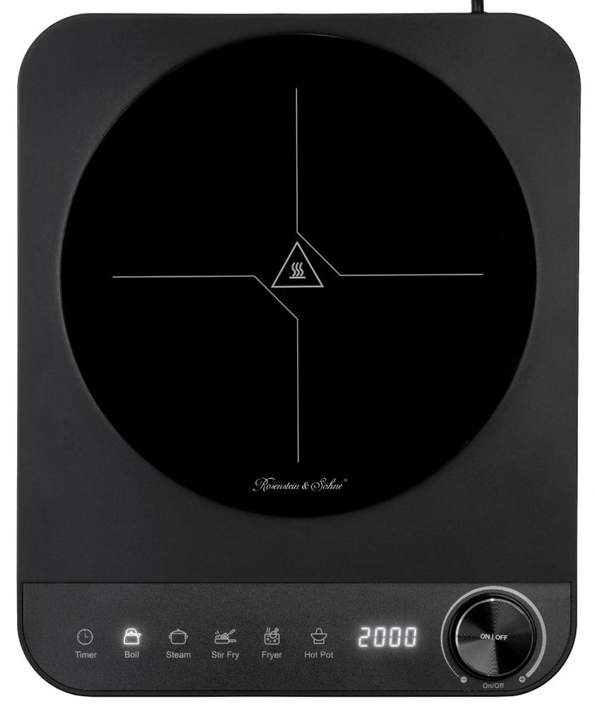Rosenstein & Söhne Dünne Induktionskochplatte, Touch-Tasten, 2.000 Watt, 10 Stufen, 5 Menüs