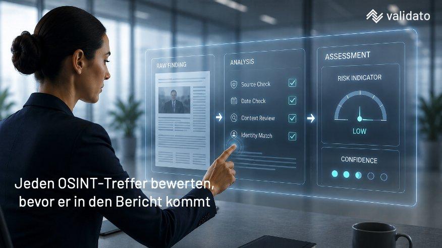 Wie bewertet Validato einen OSINT-Treffer, bevor er in den Bericht kommt?