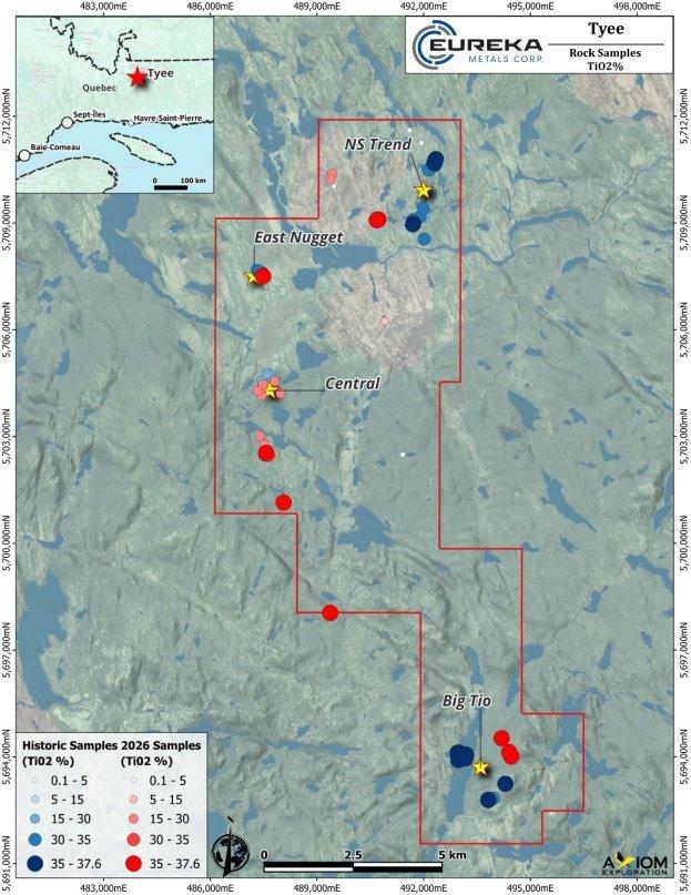 Eureka Metals identifiziert fünf neue hochgradige Titanvorkommen bei Tyee mit Proben von bis zu 36,9 % TiO2