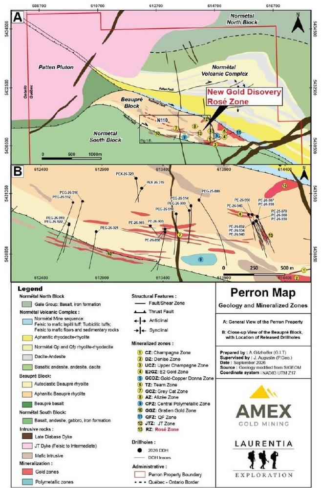 Amex Makes New Gold Discovery at Perron, the Rosé Zone, ~165 m Below Fully Financed Ramp Development