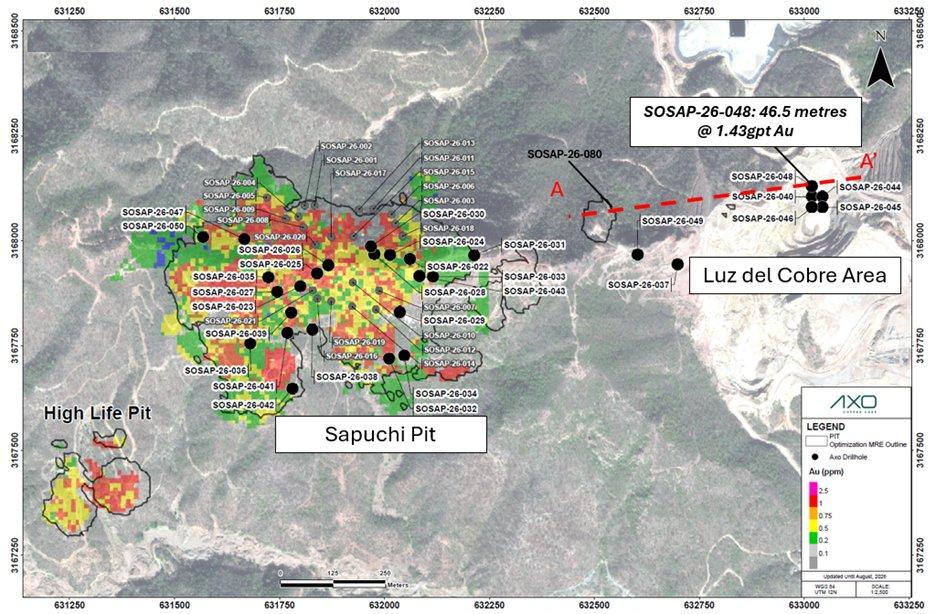 Axo Metals drilling intercepts 18.0 metres of 8.15 g/t au at San Antonio project; first step out drilling reports strong grades directly from surface 750 metres beyond resource
