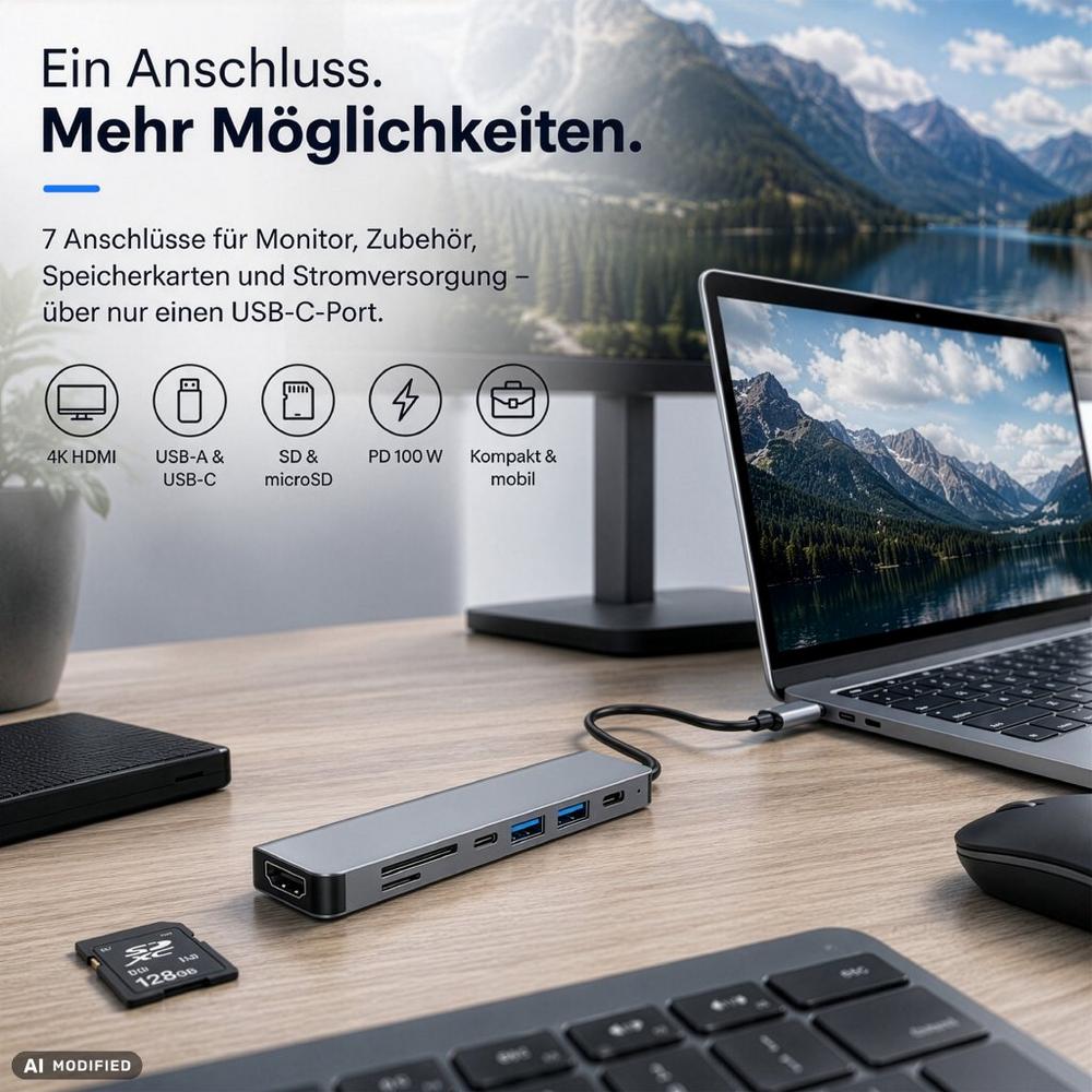 Callstel 7in1-USB-C-Dockingstation, PD 100 Watt, 4K-HDMI, 2x USB-C, 2x USB-A, SD