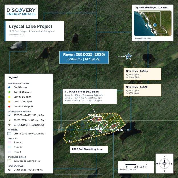 Discovery Energy Metals Corp. entnimmt Proben mit 197 g/t Ag und 0,26 % Cu aus einem Ausbiss auf dem Projekt Crystal Lake in British Columbia